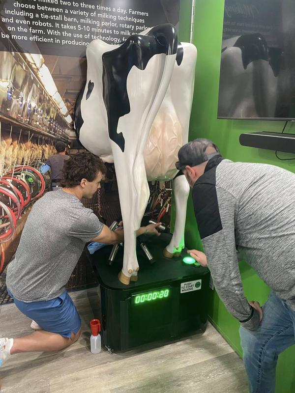 Students getting a hands-on experience using the milking simulator