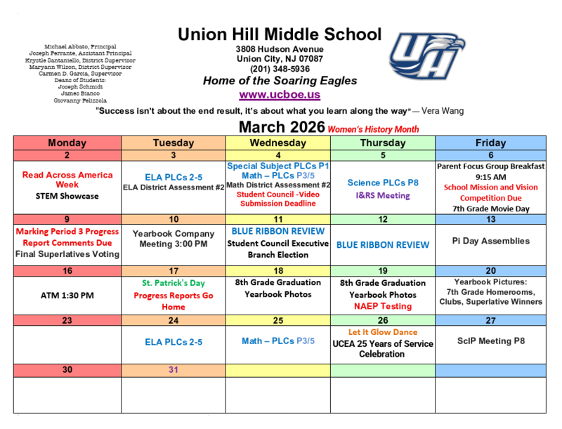 March 2026 Calendar-Union Hill Middle School