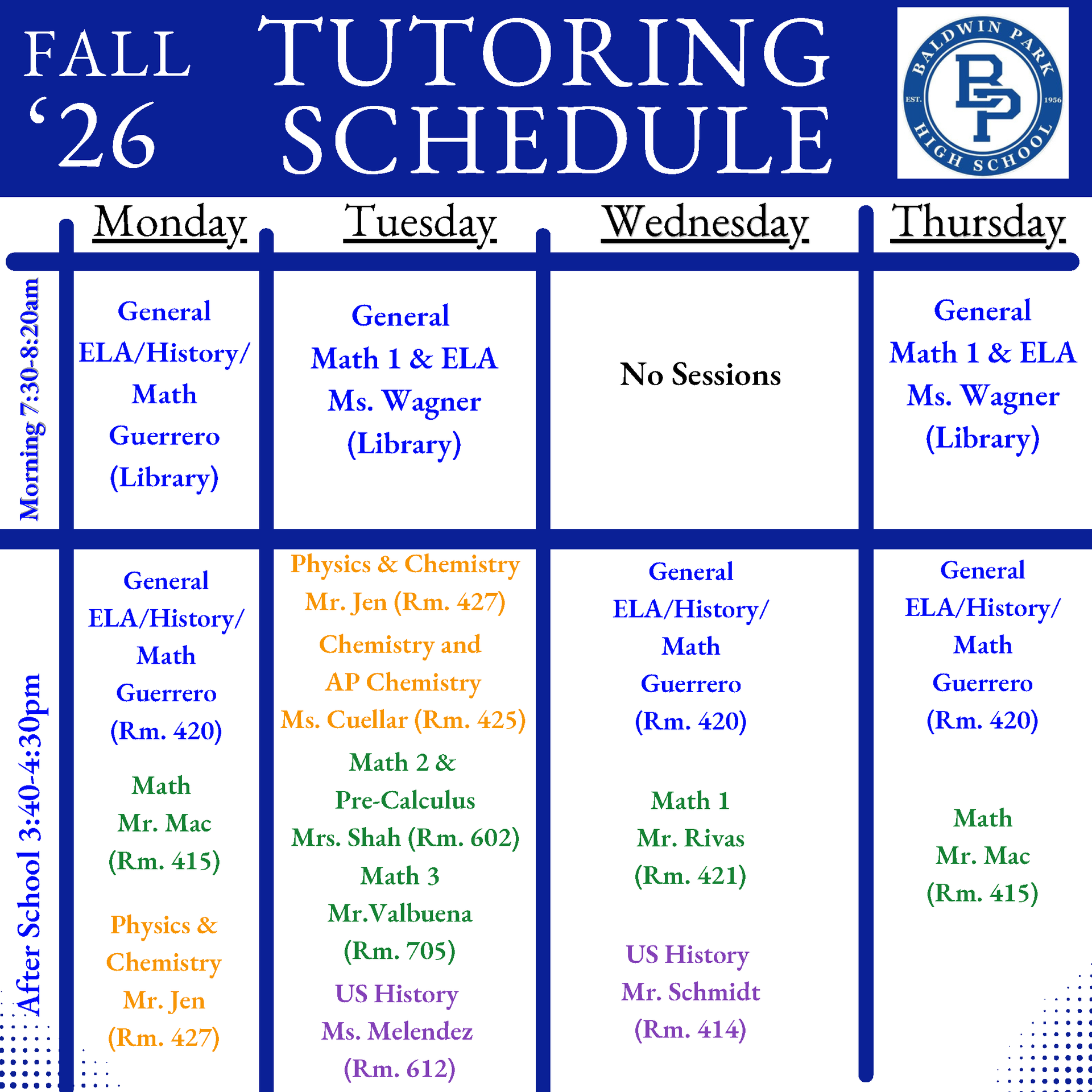 Fall 2026 Tutoring Schedule