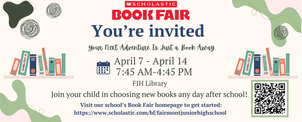 Invitation to Scholastic Book Fair with details and QR code.