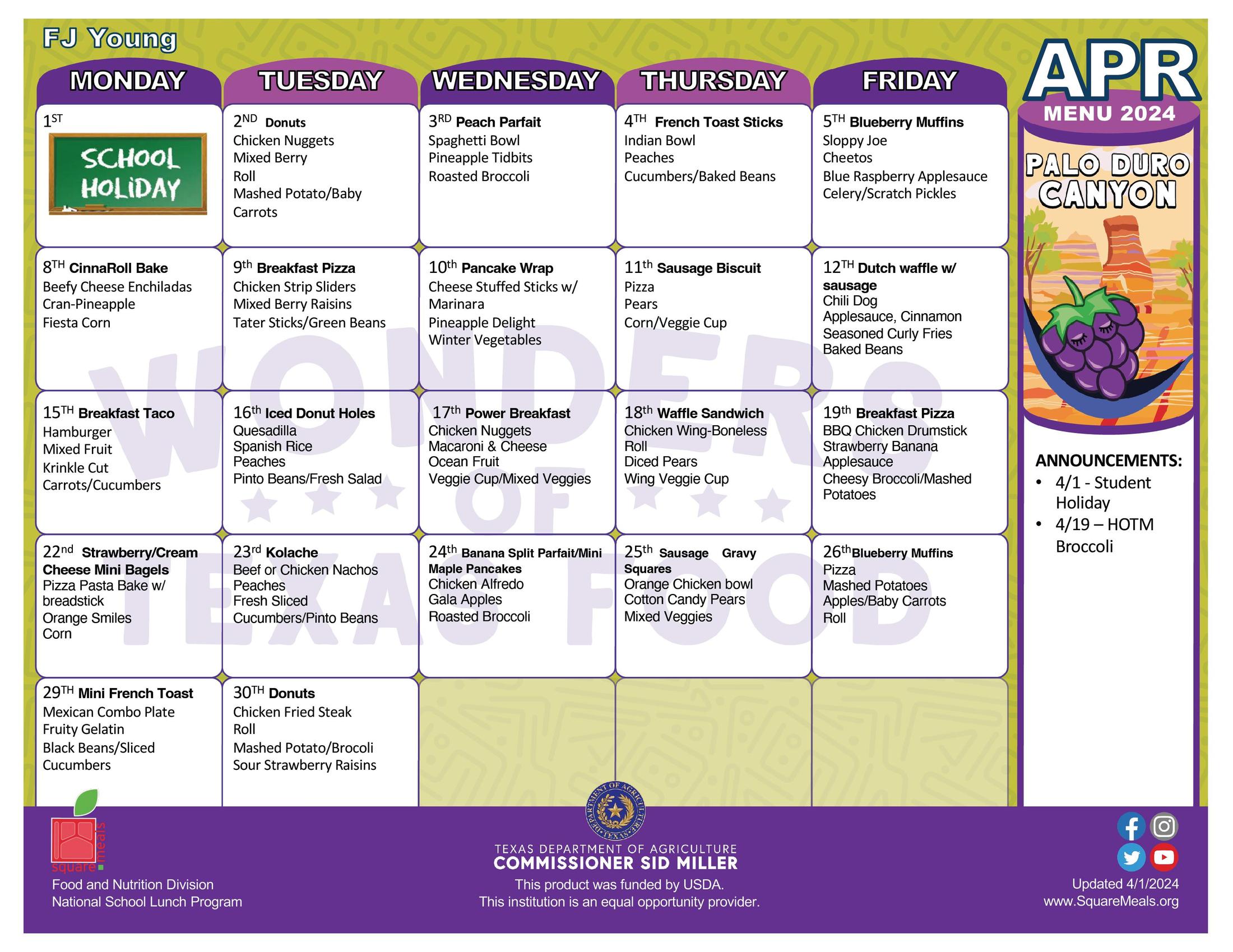 FJ Young Menus Child Nutrition Seminole ISD