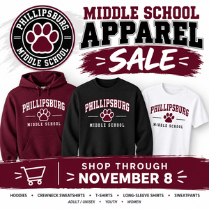 Apparel Sale featuring maroon, black, and white school-branded hoodies, sweatshirts, and T-shirts.