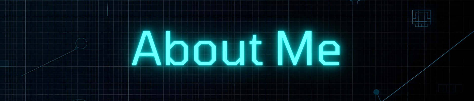 about me banner in blue with neon letters