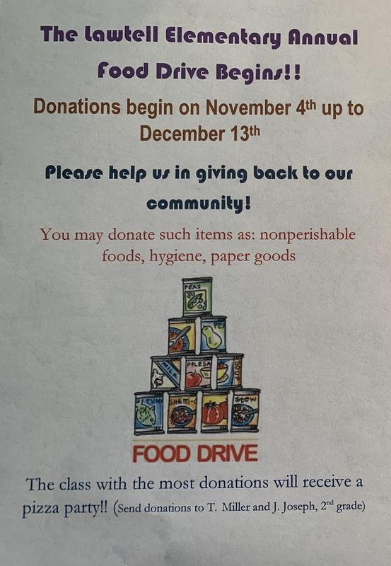 Food Drive: Donations begin on November 4th up to December 13, 2019