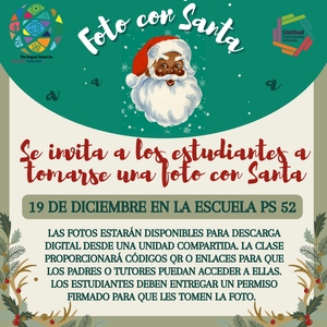 Invitation for students in Spanish to take a photo with Santa on December 19th at PS 52.