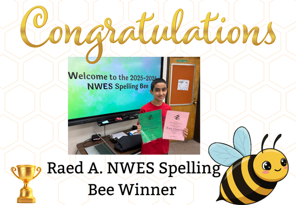 Boy holding spelling bee certificates in front of spelling bee graphic