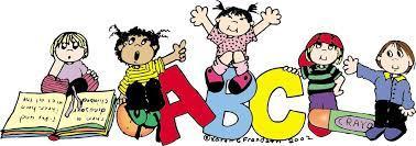 Five cartoon children playfully interacting with colorful letters A, B, C, and a book.