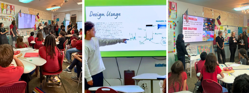 Students sit in class while older students share ideas