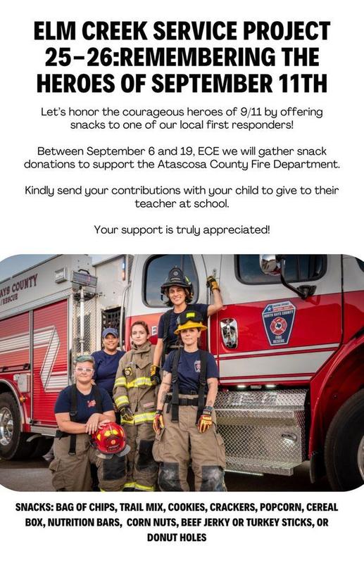 Five fire fighters standing in front of red fire truck wearing brown pants and navy shirts; black text on white background; English text