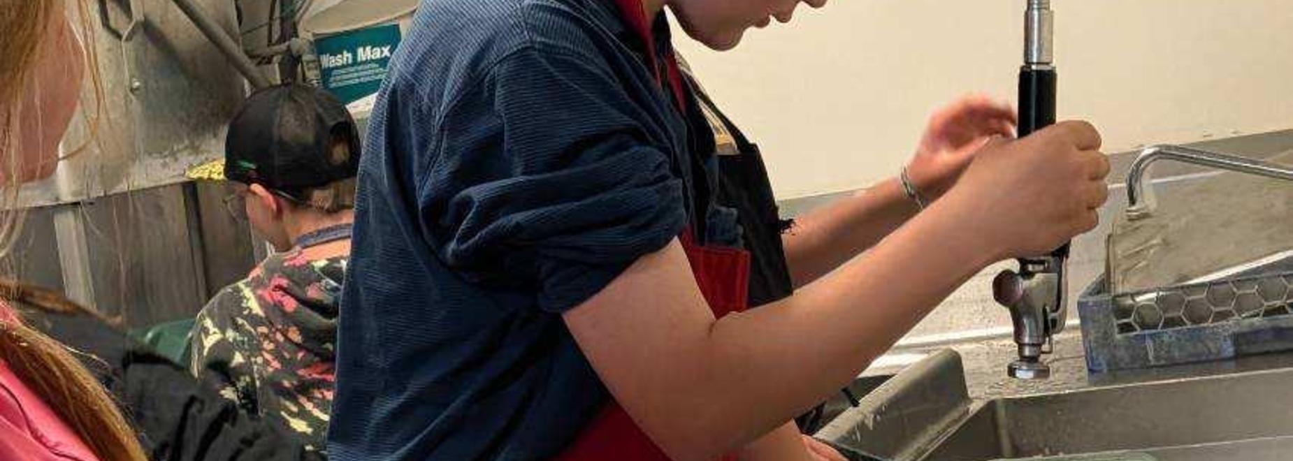 Young person washing dishes in a kitchen with others in the background.
