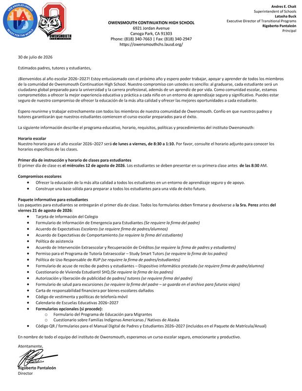 Owensmouth Welcome Back Letter to families_SPANISH
