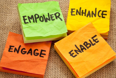 Colorful sticky notes with words: empower, engage, enhance, enable.