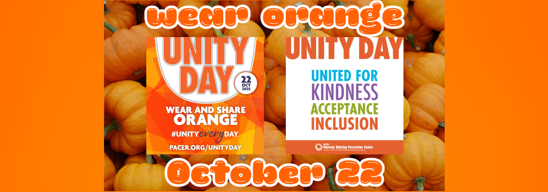 Promotional graphic for Unity Day with pumpkins and text encouraging wearing orange.