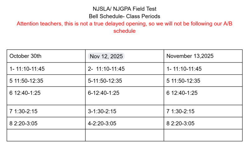 NJSLA/NJGPA Field Test Bell Schedule