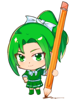 A chibi character with green hair and a pencil, wearing a green outfit.