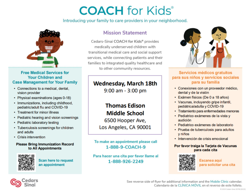 COACH for Kids: March - Wednesday, 03/18 at Thomas Edison Middle School Featured Photo