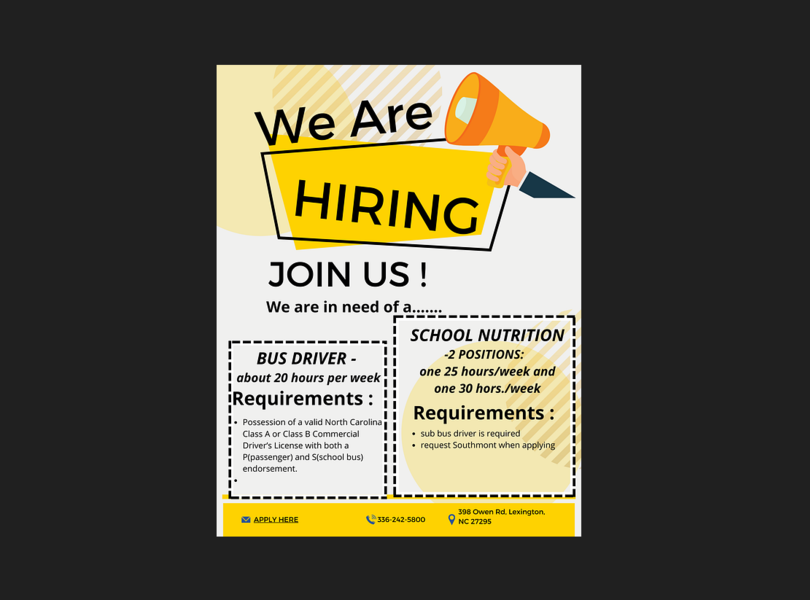 Hiring announcement for bus driver and school nutrition position