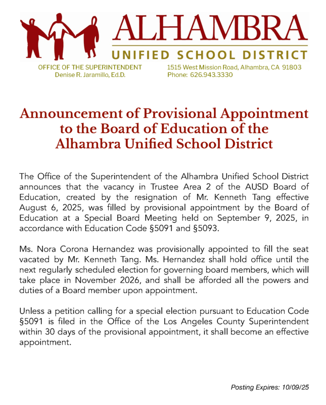 Announcement of Provisional Appointment to the Board of Education of the Alhambra Unified School District Featured Photo