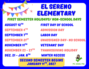 First Semester Holidays/ Non-School Days