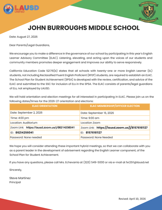 Join us for ELAC and SSC Parent Orientations Wednesday, September 2, 2026 at 4pm.  We will hold Orientations IN PERSON in the Auditorium AND via ZOOM!