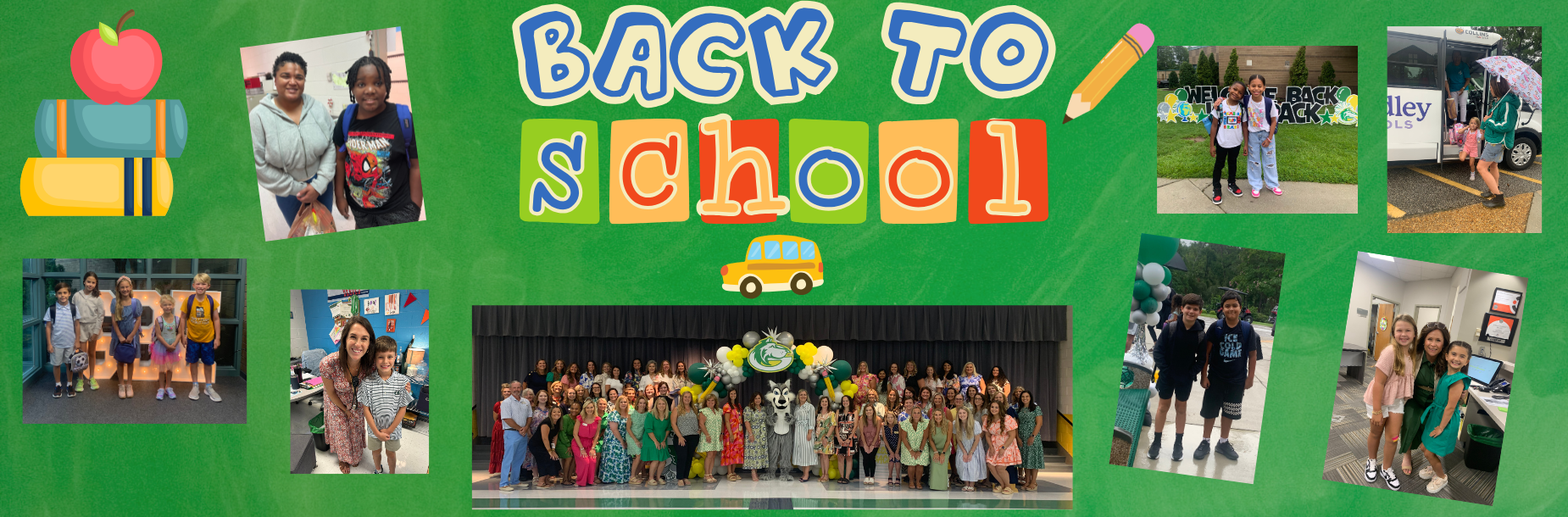 Collage celebrating back to school with students, educators, and school-themed graphics.