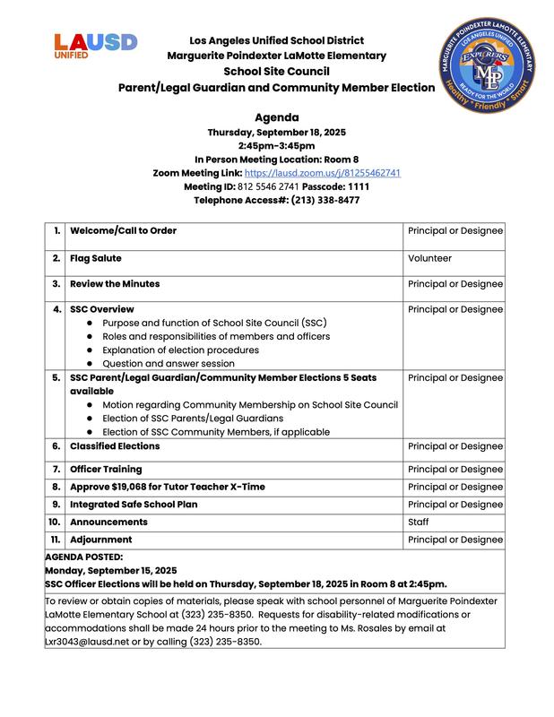 SSC Parent/Legal Guardian and Community Member Election Agenda
