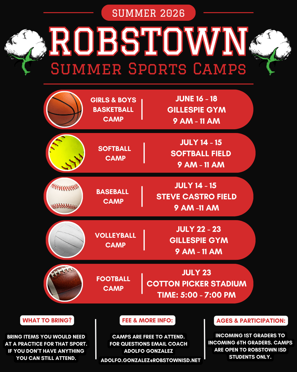Promotional poster for Robstown Summer Sports Camps with event details and schedule.