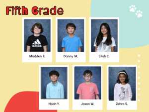 yellow background with red and aqua shapes, student pictures