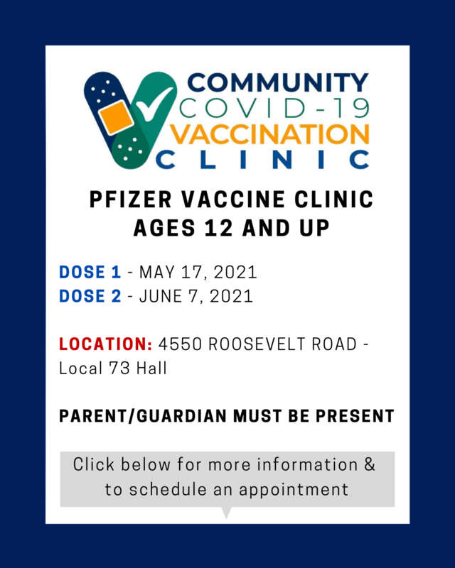 With the FDA PENDING approval of 12 and older children eligible for the COVID-19 vaccine (Pfizer), we are excited to announce that we will host free COVID-19 vaccine clinic on May 17, 2021 for ages 12 and Up. PFIZER COMMUNITY VACCINE CLINIC AGES 12 AND UP DOSE 1 DOSE 2 MAY 17, 2021 JUNE 7, 2021