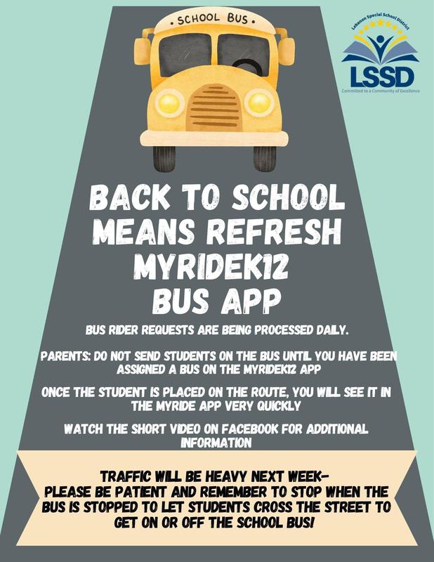 Bus graphic on flyer announcing back to school means to refresh your MyRide K12 Bus app