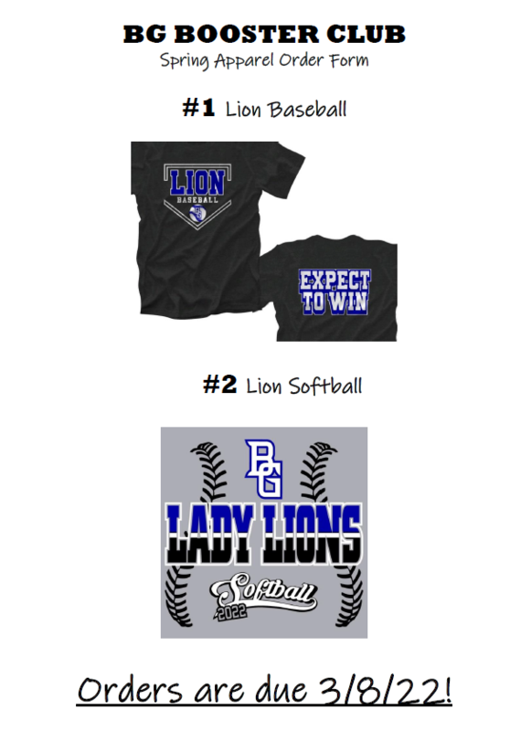 BG Booster Club Baseball/Softball Order