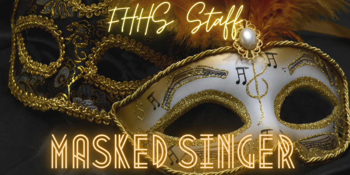 FHHS Staff Masked Singer with one gold and black masquerade mask and one white masquerade mask
