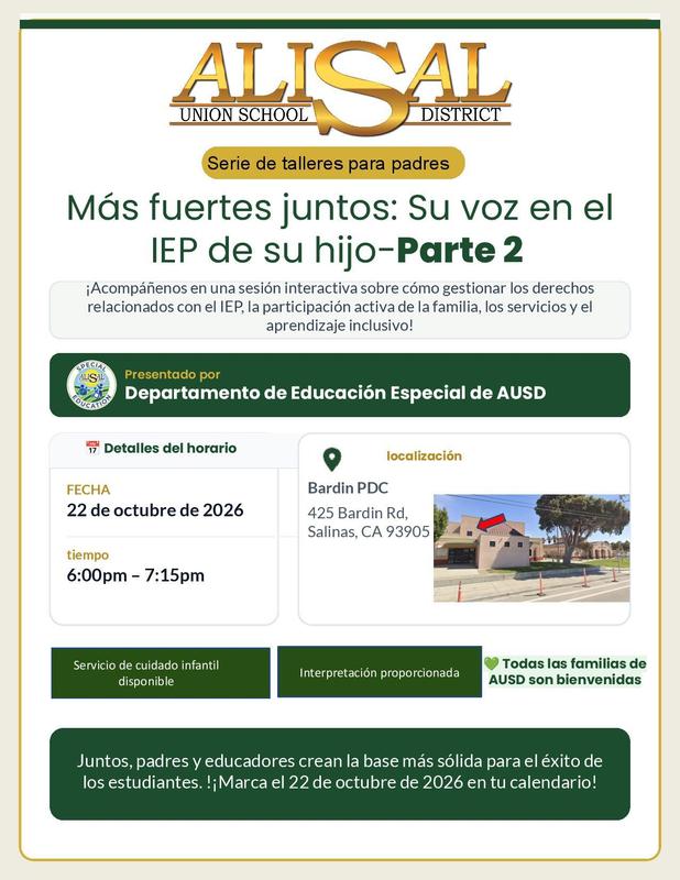 Graphic with details about Special Education meeting on Oct. 22, 2026 in Spanish