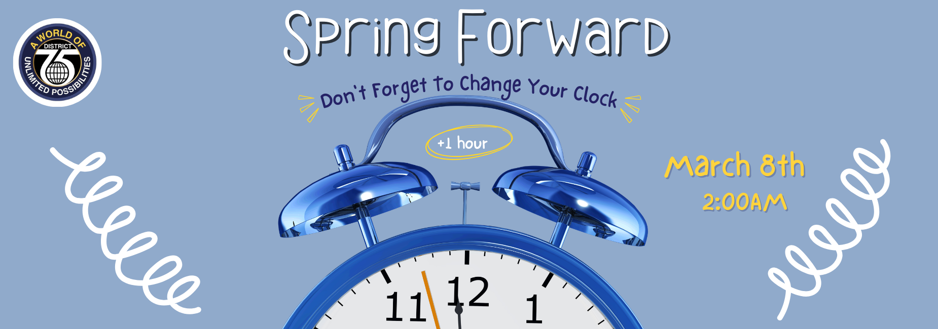 Clock with blue alarm bell, announcing Daylight Saving Time change on March 8.