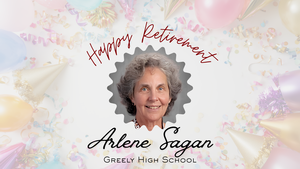 celebratory picture of arlene sagan with balloons and confetti surrounding her face