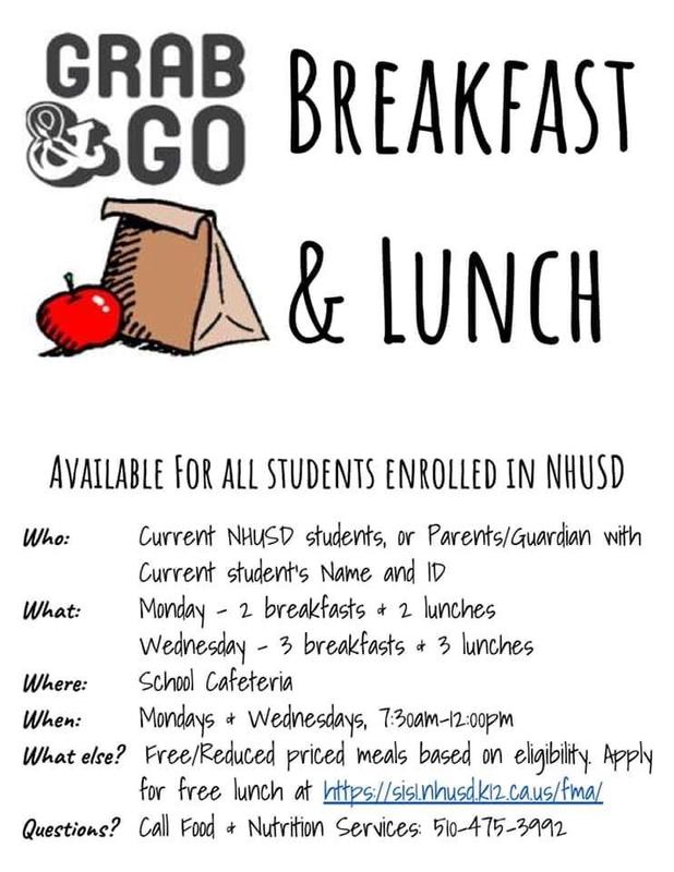 Grab and go meals are available on Mondays and Wednesdays