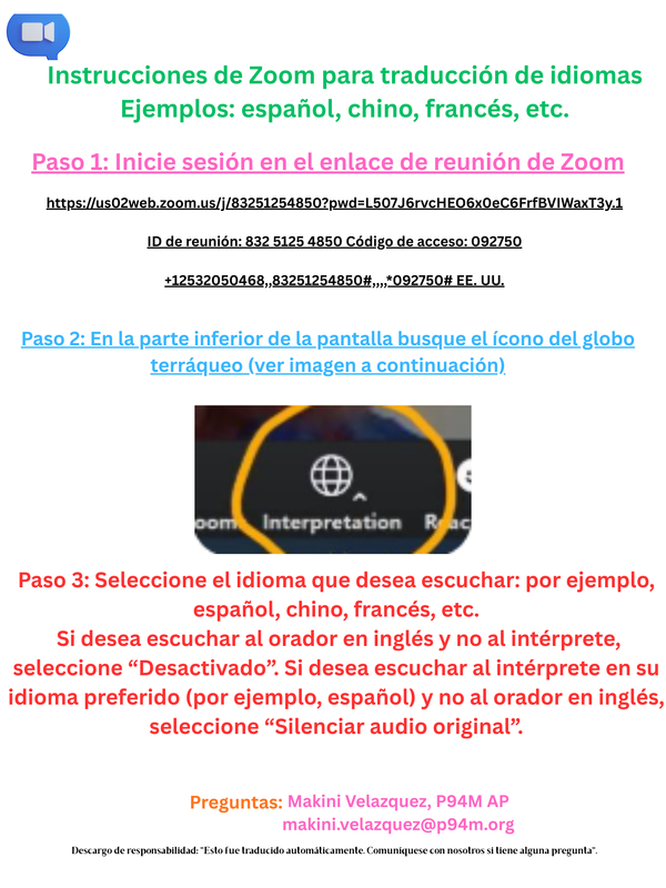 Spanish- text with zoom links and logo