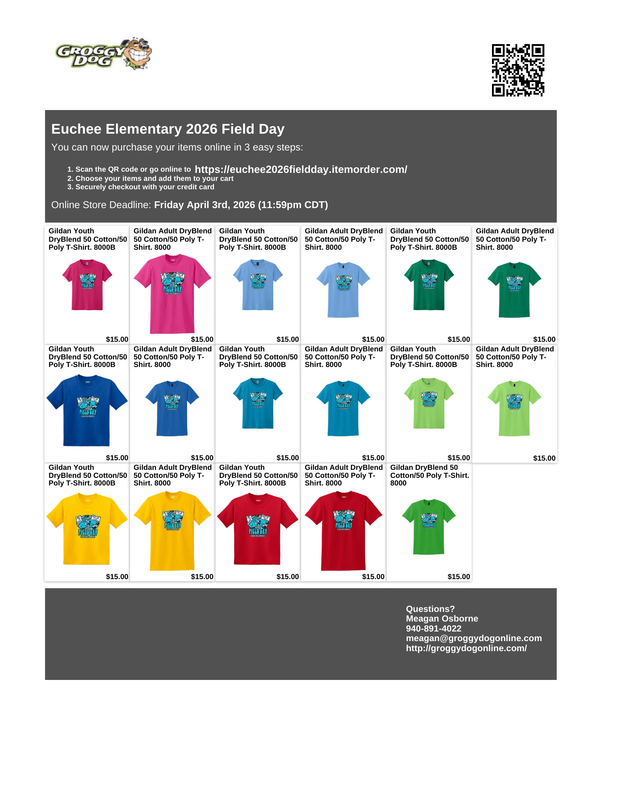 Colorful t-shirt designs for Euchee Elementary 2026 Field Day with pricing details.