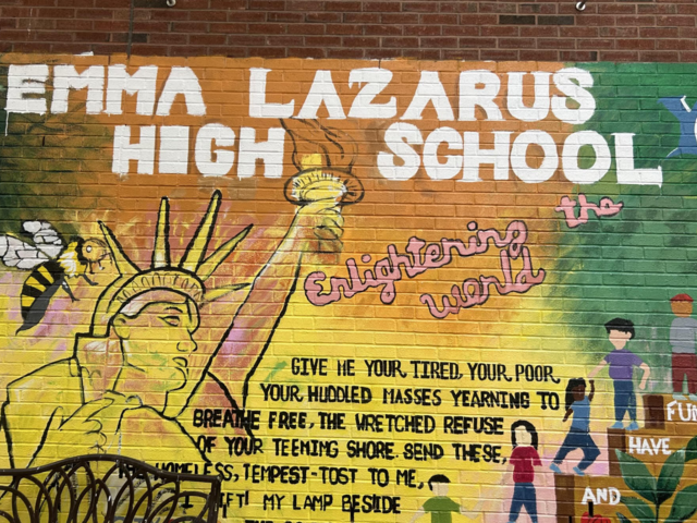 Mural of Statue of Liberty with text about Emma Lazarus High School.