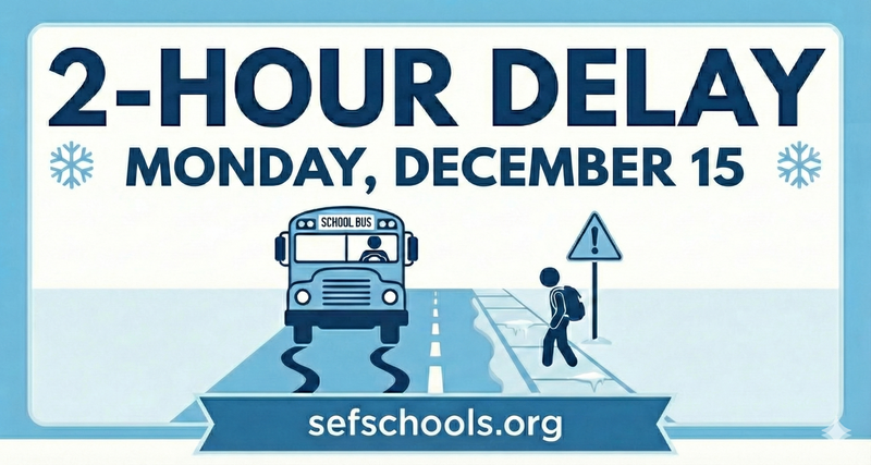 2-hour delay banner. Frozen school bus on slick road.
