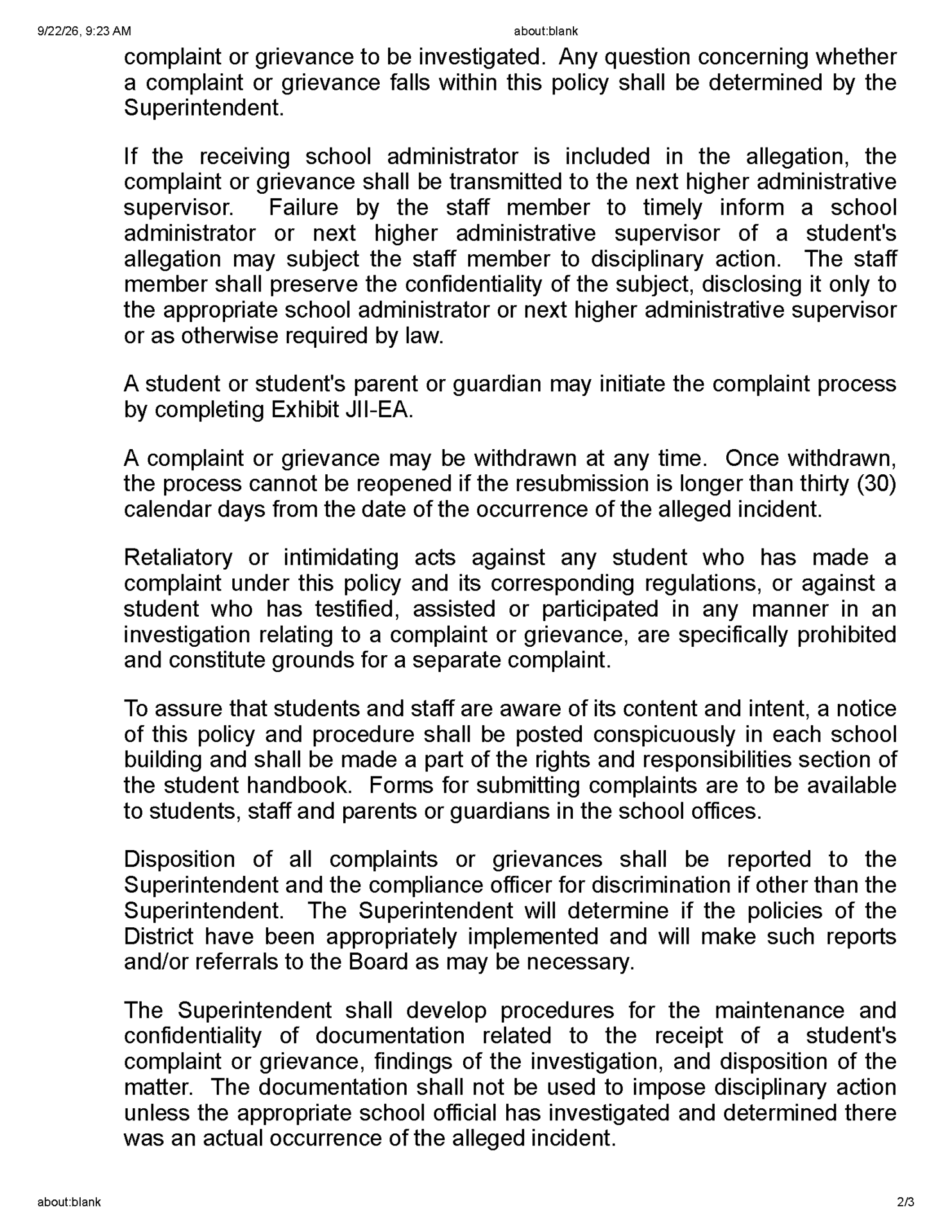 written description of the student grievance policy page 2