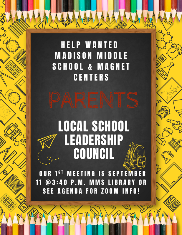Hello Madison Community,   Please join our Local School Leadership Council. Our first meeting will be on Thursday, September 11, at 3:40 p.m. in the Library, or see our agenda for Zoom information.
