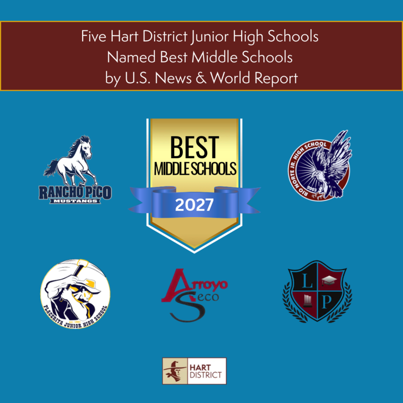 Graphic with 5 school logos and text: Five Hart District Junior High Schools Named Best Middle Schools by U.S. News & World Report
