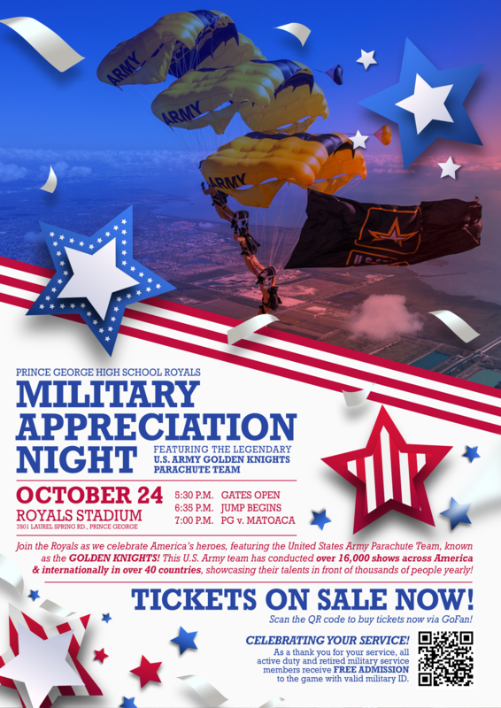 Join Prince George High School Royals Varsity Football on Friday, October 24, 2025, as they take on Matoaca High School and celebrate America's Armed Forces during their annual Military Appreciation Night, featuring the world-renowned United States Army Golden Knights Parachute Team.