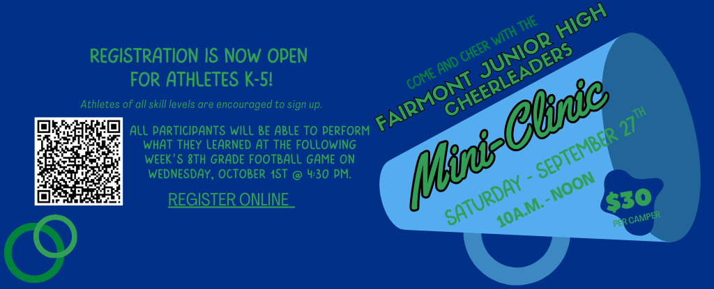 Green and blue graphic announcing a cheerleading mini-clinic with details and QR code.