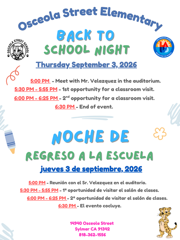 Back to School Night September 3, 2026