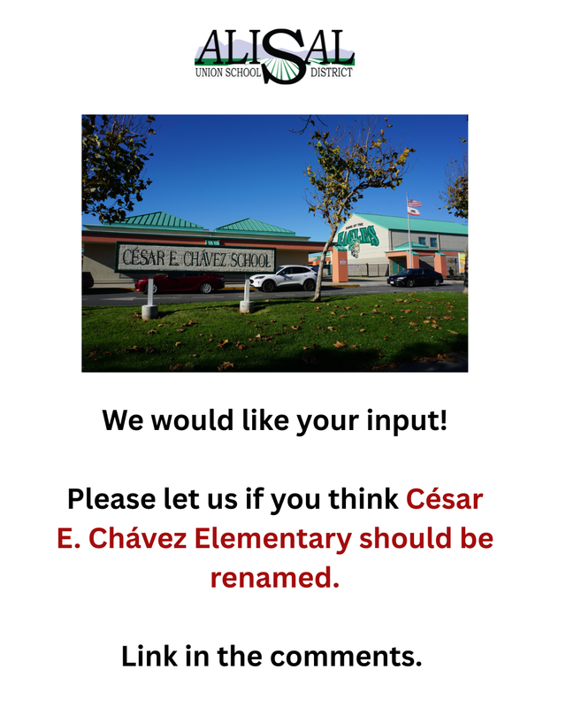 Flier announcing survey to gather input on changing the name of Chávez Elementary