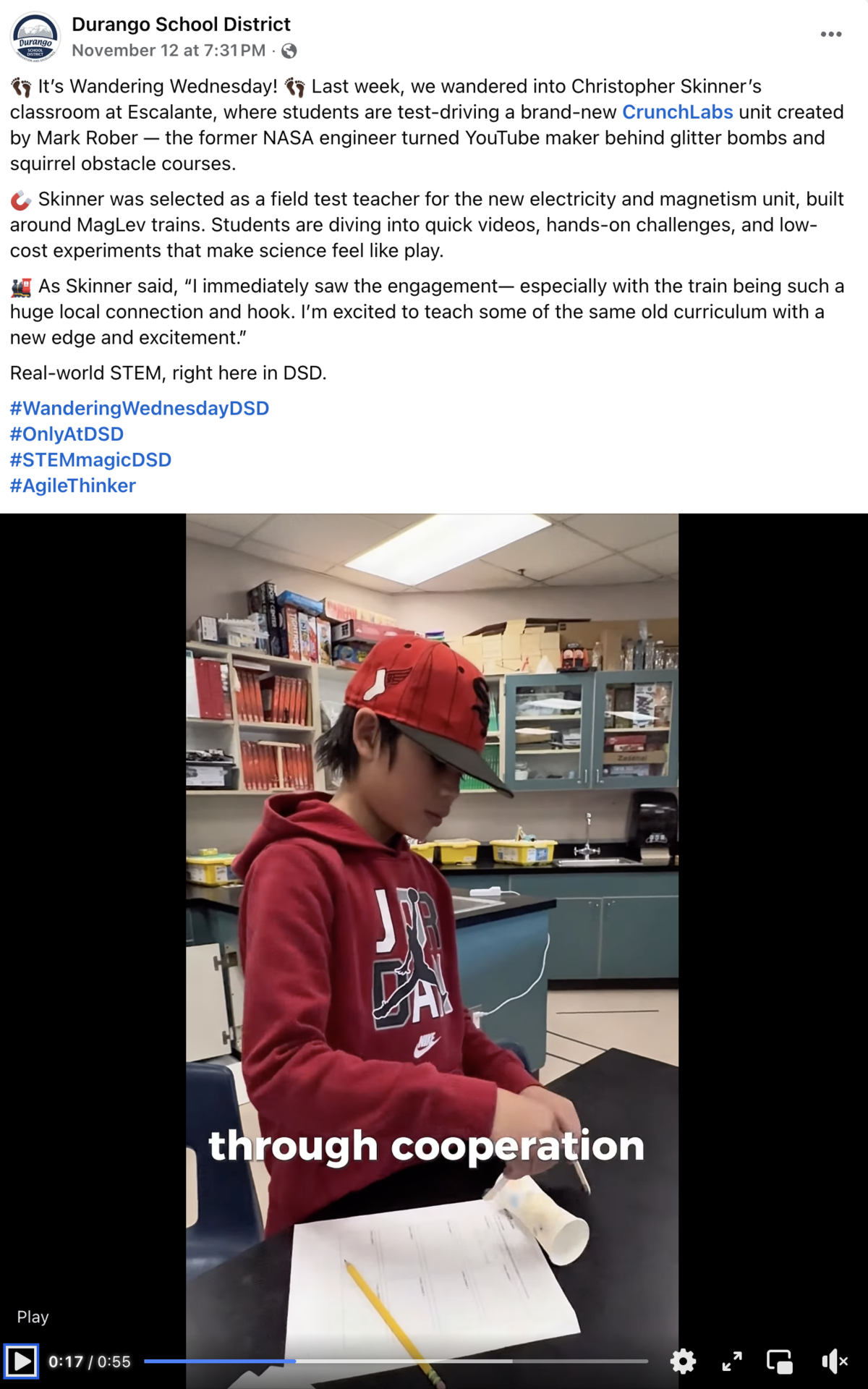 Facebook post showing a middle-school student experimenting with magnet