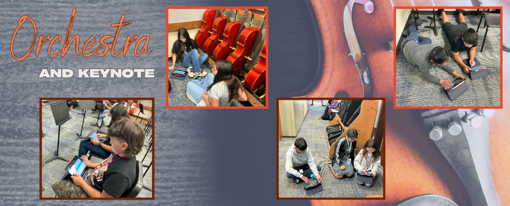 Collage of students engaged in various activities related to orchestra and keynote.