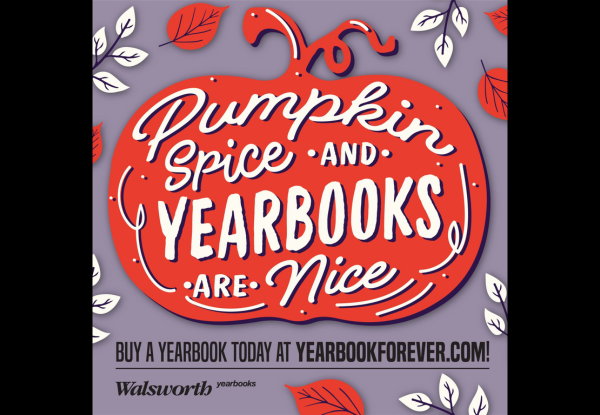 Orange pumpkin graphic with text promoting yearbooks and seasonal themes.